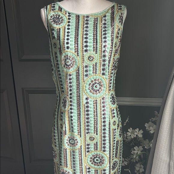 Tahari ASL Mint and Brown Patterned Midi Dress - Picture 1 of 8